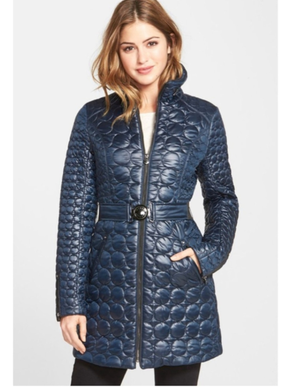 Laundry by Shelli Segal Navy Puffer Coat with Leopard Lining, Size L